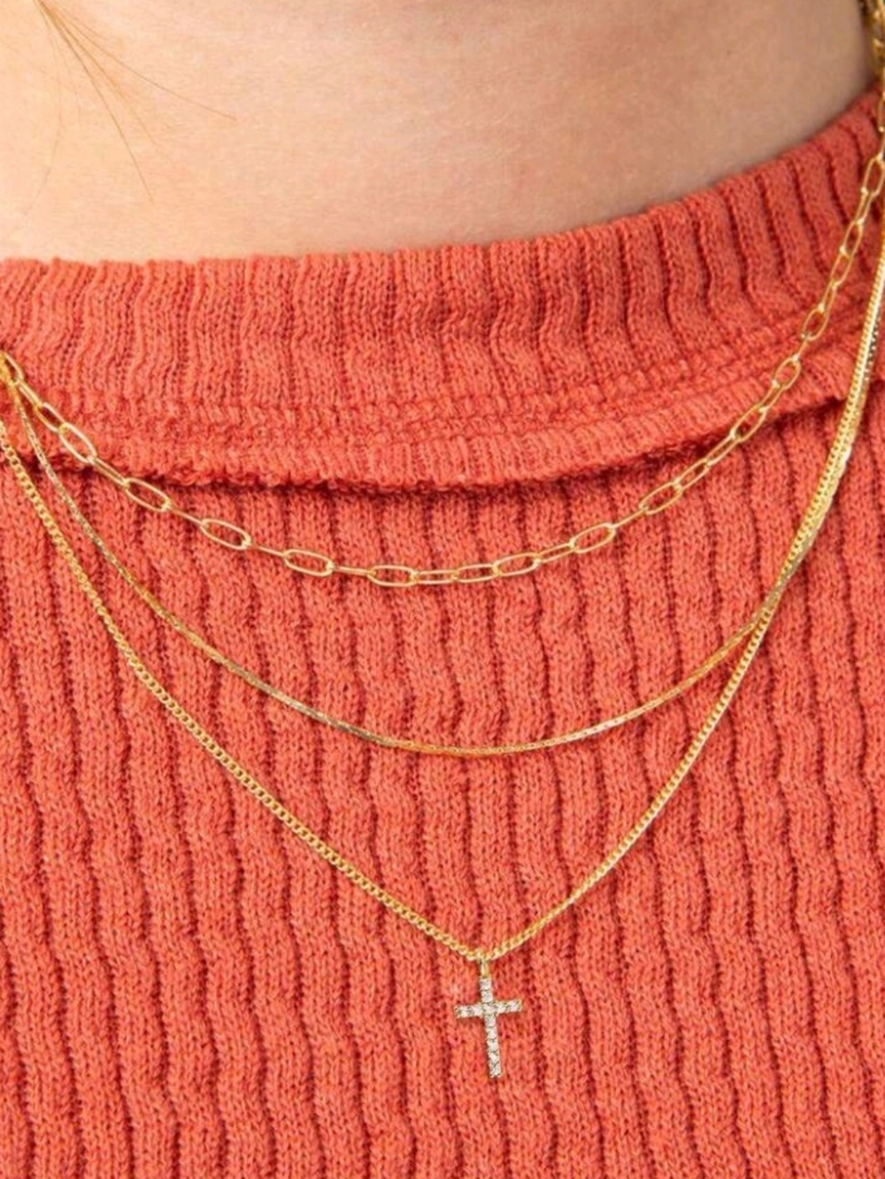 NEW! Gold Layered CZ Cubic Zirconia Cross Pendant Necklace Set - Women Jewelry